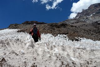 17 Jerome Ryan Exiting The Ice Penitentes Just Before Plaza de Mulas Base Camp With Aconcagua West Face Above.jpg
